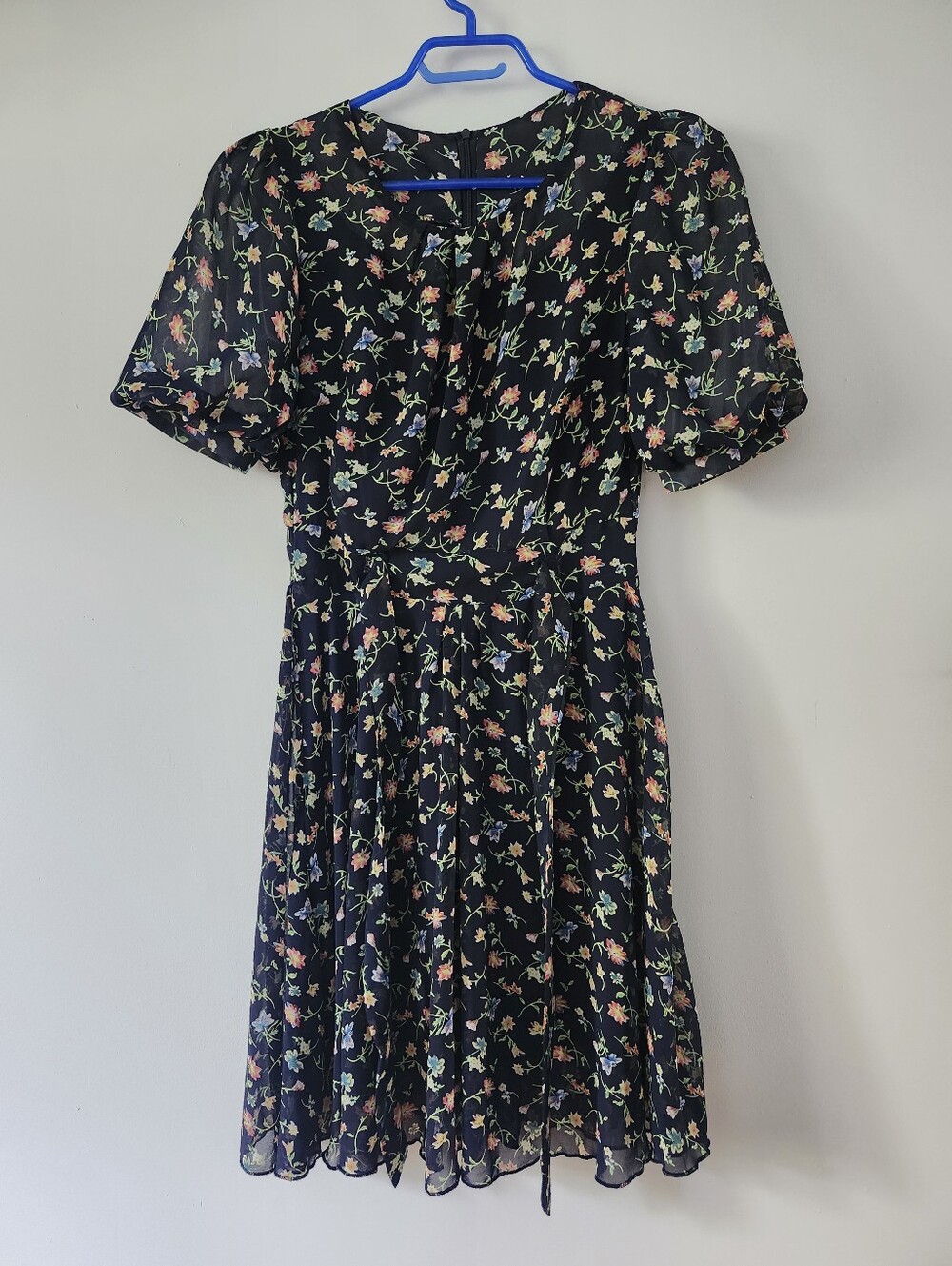 Navy Floral Midi Dress, Puff Sleeve, Waist Tie, European, Summer Or Fall Dress